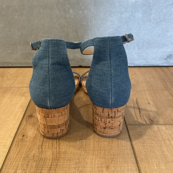 Bonnibel Block Heels Blue Denim Brown Cork Wood Gold Buckle - Picture 3 of 4